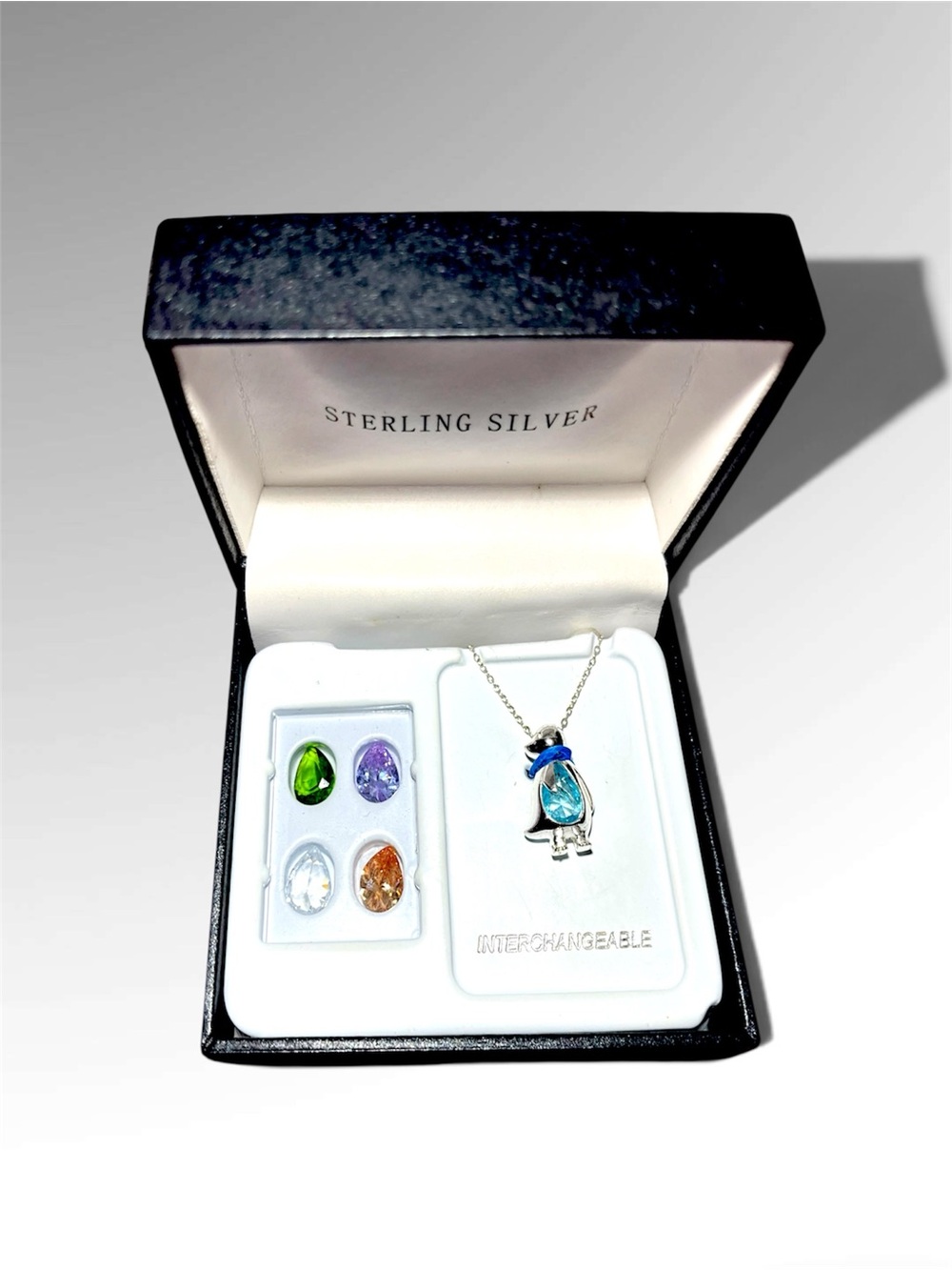 Sterling Silver Penguin Pendant Necklace with Interchangeable Gemstones